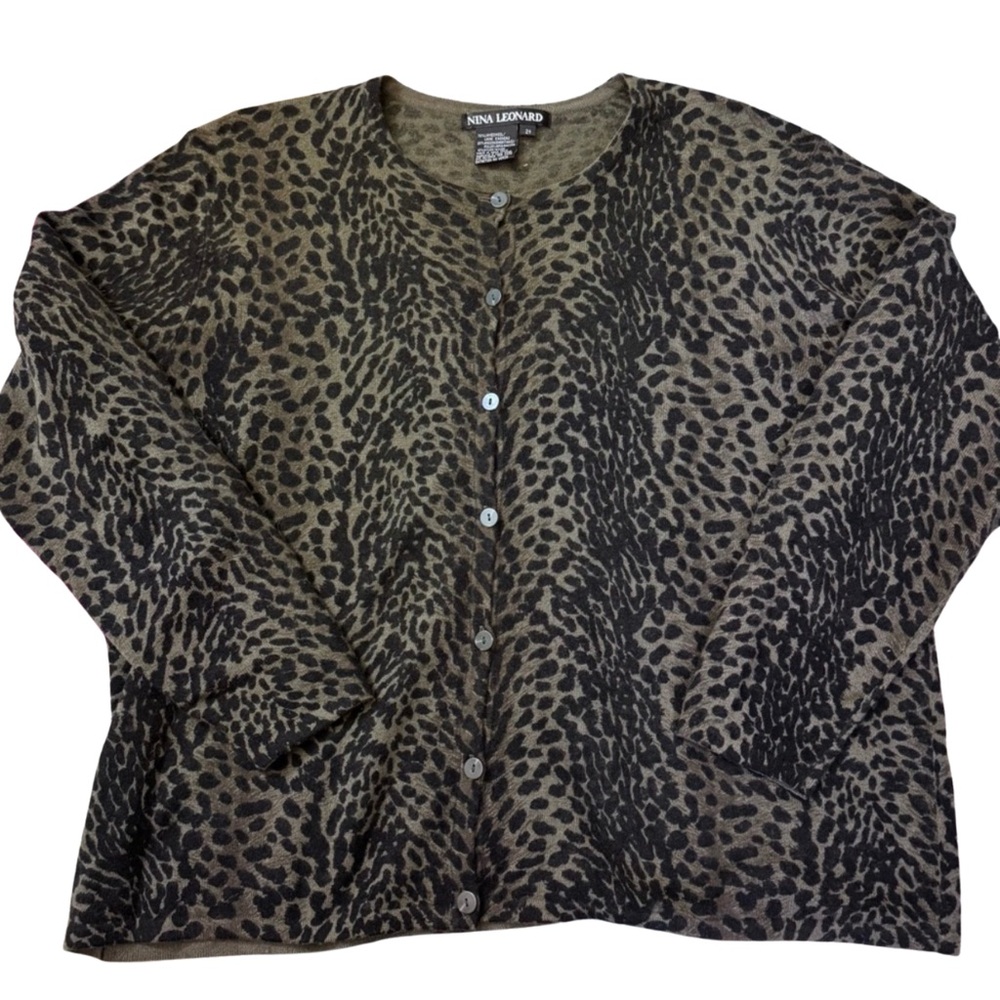 Nina Leonard 2X Leopard Cardigan Lambswool Angora Button Front Sweater